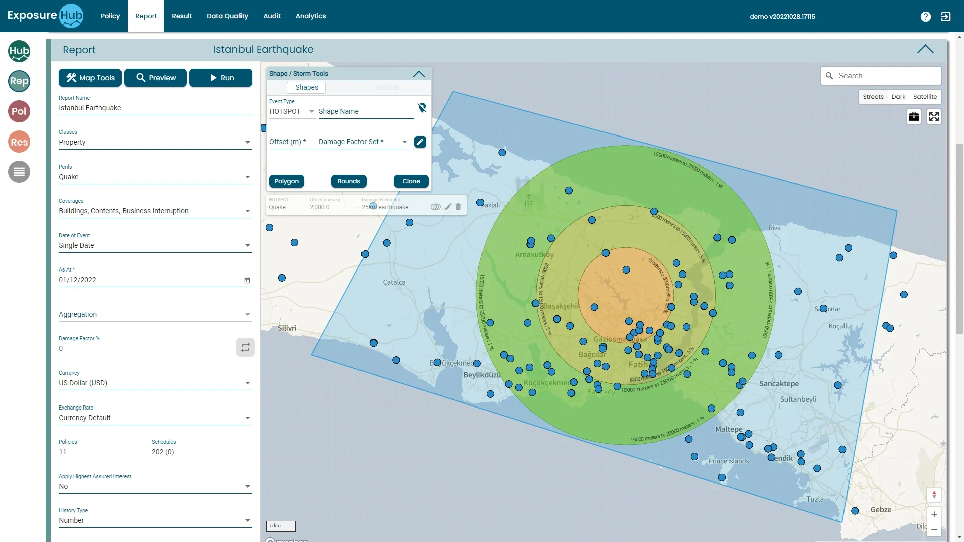 ExposureHub Report tab: an Istanbul earthquake scenario with a hotspot shape and damage rings over the portfolio