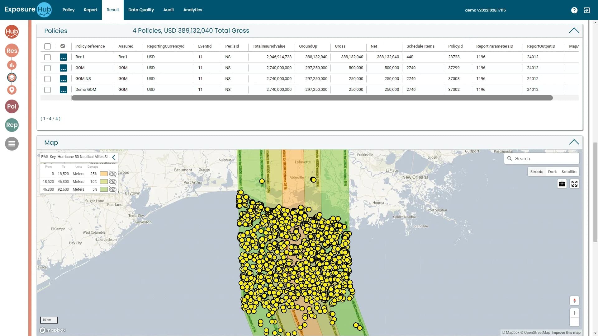 ExposureHub Result tab: a hurricane swath over the US Gulf coast with the PML key and four policies